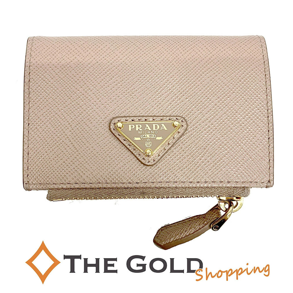 Prada Saffiano Triangle Card Case Wallet Leather Beige Pink Tan